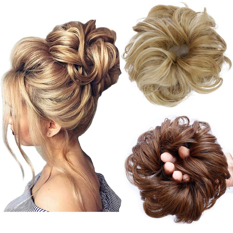 ASUITOFK Messy Bun Hair Piece Thick Updo Scrunchies Synthetic Hair Extensions Ponytail Hair Wig Hairpiece Ash Blonde Mix Ginger Brown - Image 1